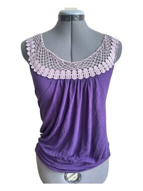 Y2K Made In USA Made Crochet Lace Trim Tank Top Purple Boho Peasant Festival